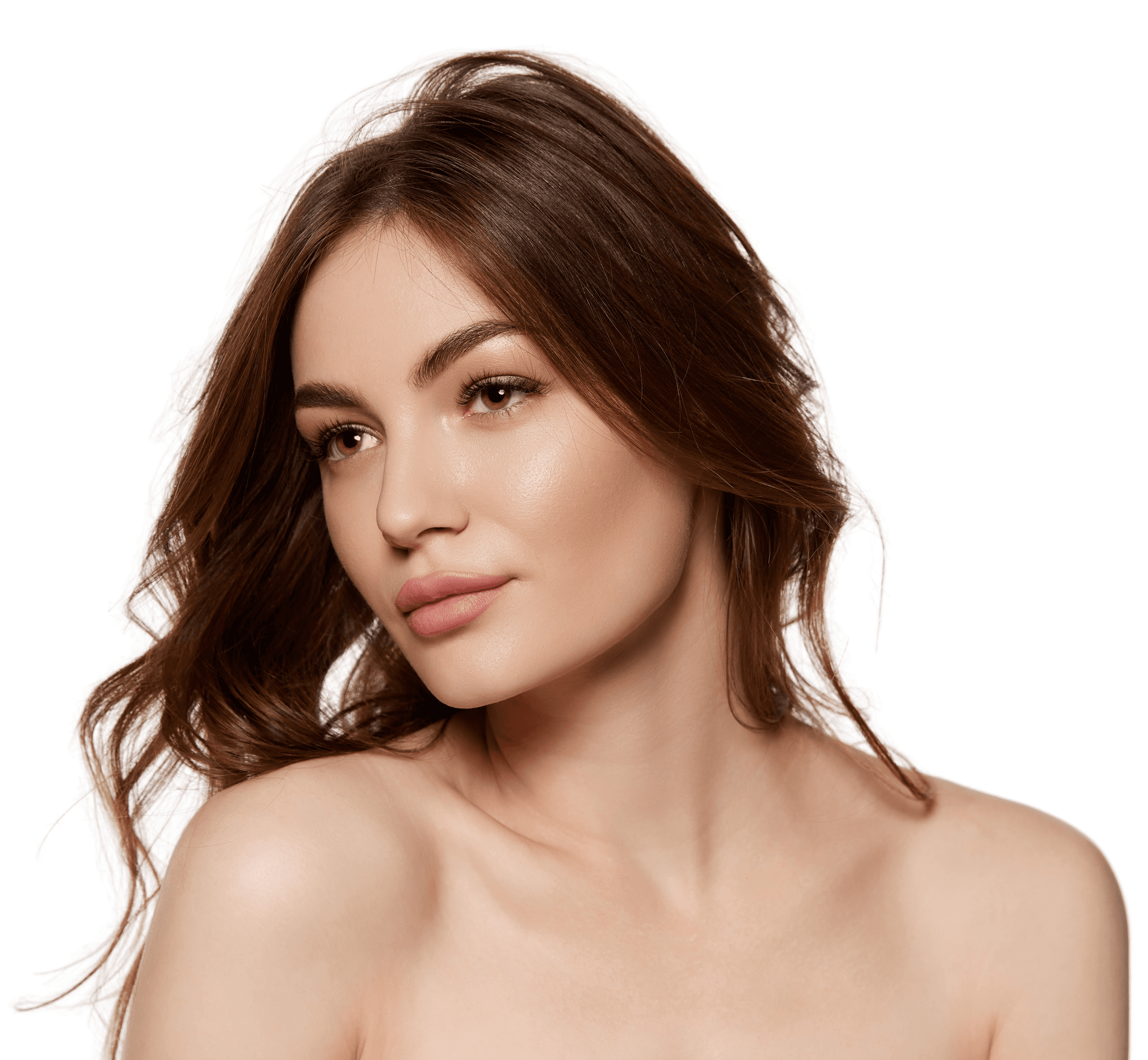 Portrait of a young woman with soft makeup and wavy brown hair looking to the side.