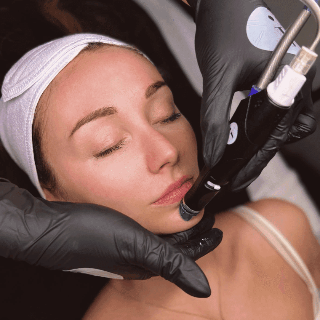 Specialista v černých rukavicích provádí ošetření HydraFacial na tváři mladé ženy.