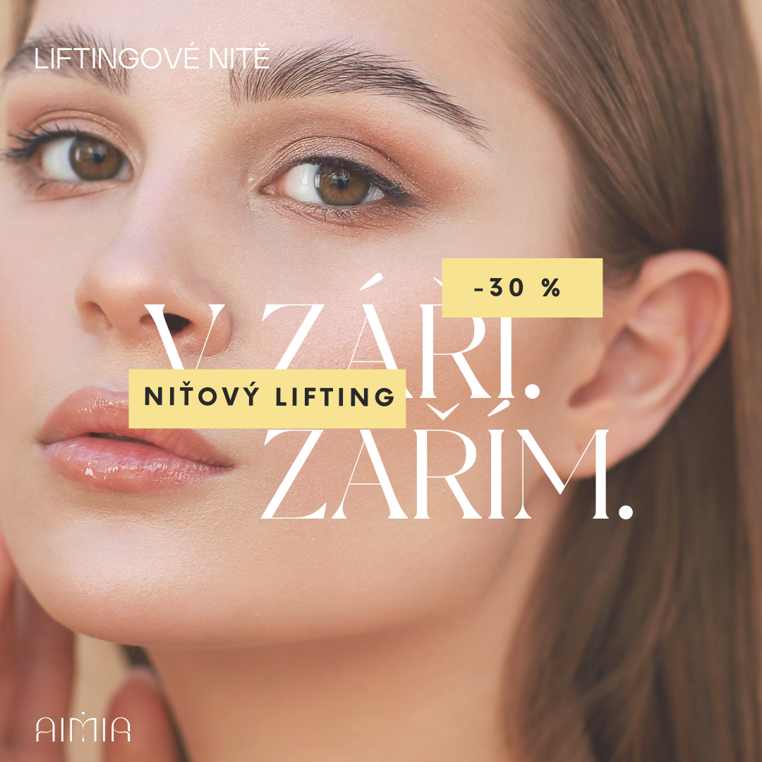Close-up portrait of a woman with smooth skin used in a thread lifting campaign, with promotional text advertising a 30% discount. The image features the captions “I shine in September” and “−30% Thread Lift.”